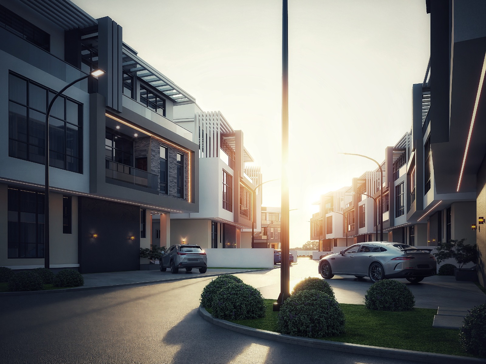 Wide angle view of modern residences